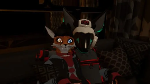 Two anthropomorphic characters, a cat and a wolf, dressed in futuristic armor, sitting close together in a dark setting.