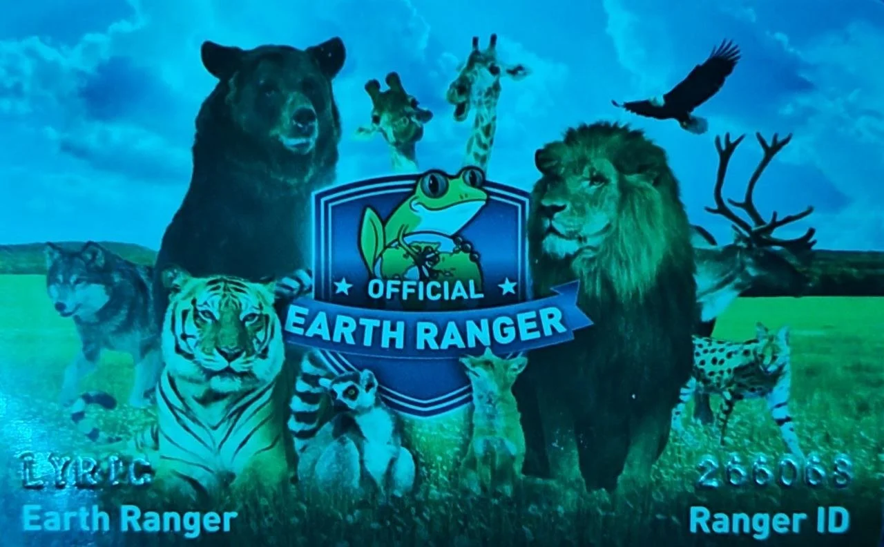 Animals including a bear, giraffes, a lion, a tiger, a zebra, a deer, a cheetah, and an owl with an eagle flying above, surrounding a badge that says 'Official Earth Ranger' in front of a grassy landscape and blue sky.
