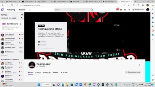 Screenshot of a YouTube channel page called RagingLazar, with a message indicating the streamer is offline. The channel banner features a dark background with red and white graphics, and the text shows options to home, about, schedule, videos, and ch