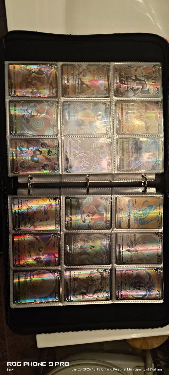 A collection of holographic Pokémon trading cards organized in a plastic binder with three rows and six columns per page.