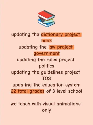 Educational slide with icons of stacked books at the top, describing updates to various school projects such as the dictionary, law, government, rules, politics, guidelines, and education system, mentioning 22 total grades of a 3-level school, with t