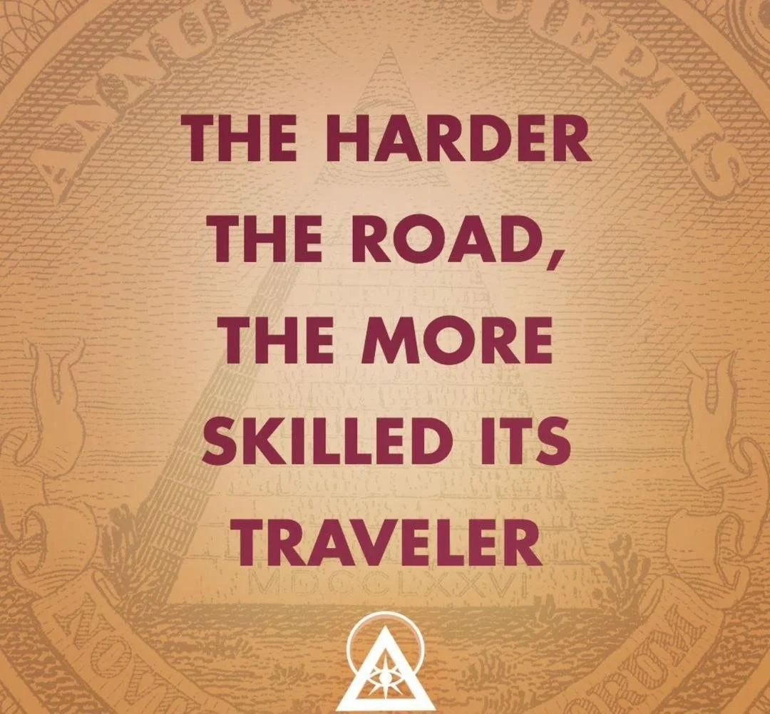 Quote that reads 'The harder the road, the more skilled its traveler' with a background resembling the Great Seal of the United States in gold and brown tones.