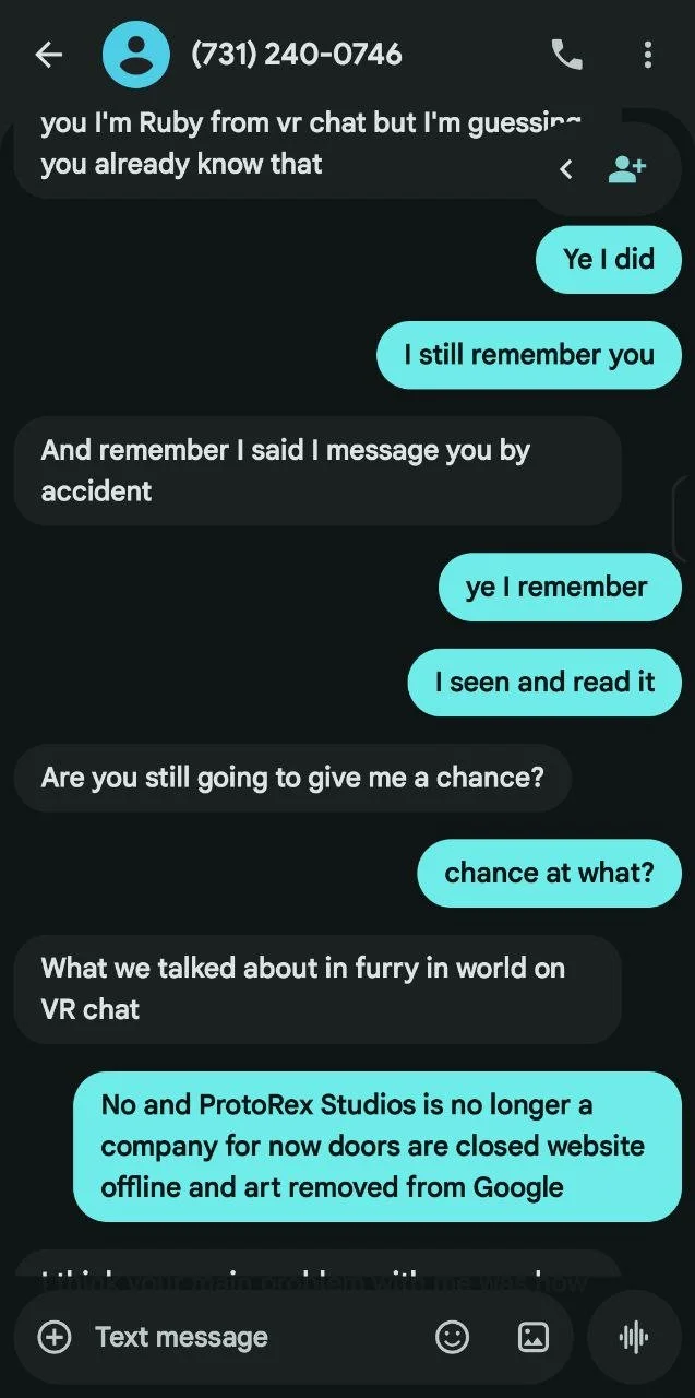 Screenshot of a chat conversation on a messaging app between two people discussing a VR chat, memories, and a company called ProtoRex Studios that is no longer active.