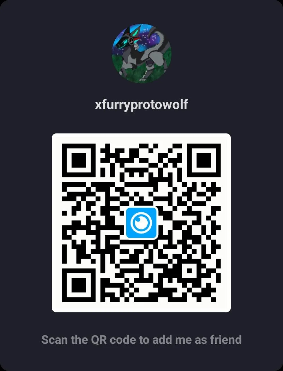 A digital username and QR code with a cartoon wolf profile picture, username 'xfurryprotowolf', and instructions to scan the QR code to add as a friend.