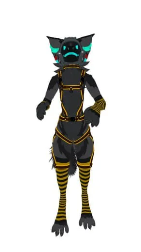 Anthropomorphic black wolf character with glowing teal eyes and ears, wearing a dark, striped outfit with gold accents and striped stockings.