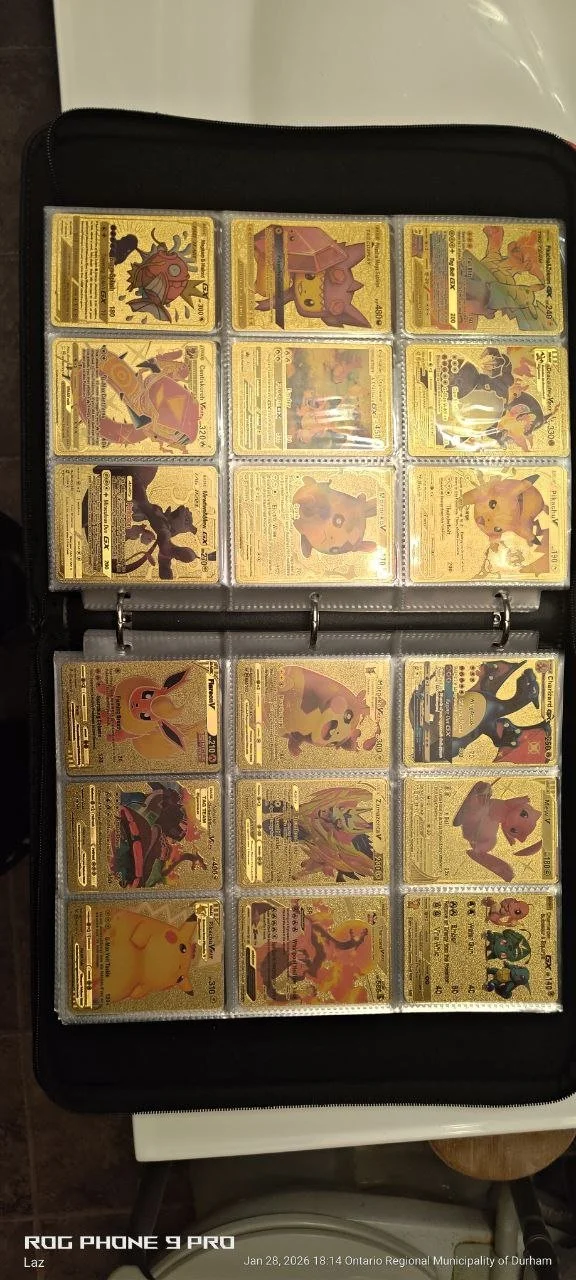 Collection of Pokémon trading cards organized in a binder with 12 visible cards featuring various Pokémon characters.