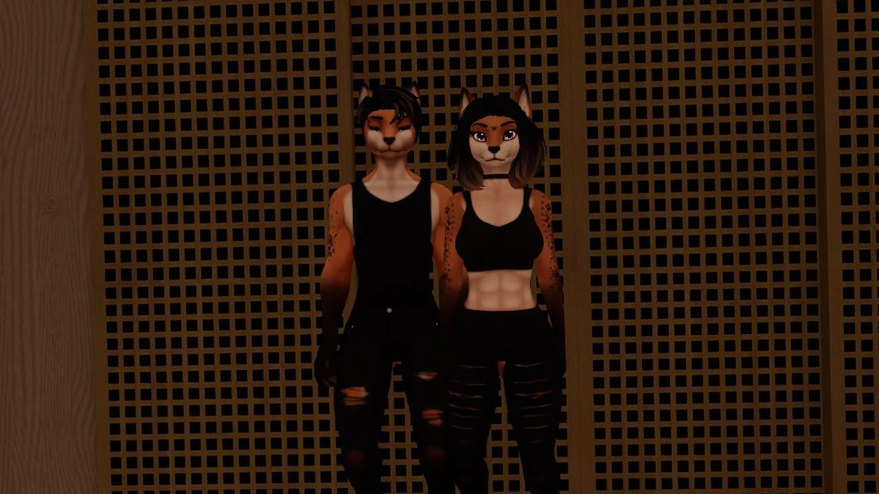 Two anthropomorphic feline characters with human bodies and cat-like faces standing side by side in front of a wooden lattice background. They are wearing black clothing with torn details.
