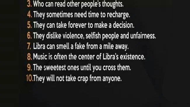 A black background with white and orange text listing ten facts about Libras, including their traits, senses, and preferences, numbered from 1 to 10.