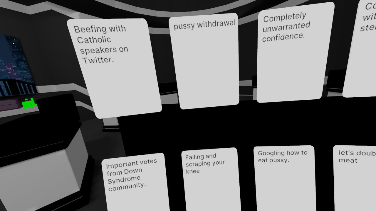 Virtual reality environment with floating white text panels displaying various phrases and topics.