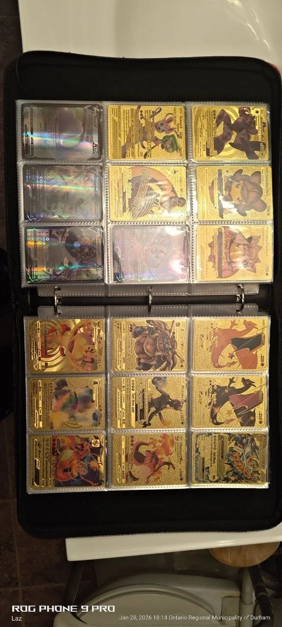 Collection of Pokémon cards, some with holographic effects, organized in a binder with plastic sleeves.