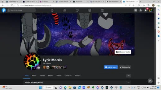 Facebook profile page of Lyric Morris with a space-themed cover photo showing planets and stars, and a profile picture with colorful abstract design.