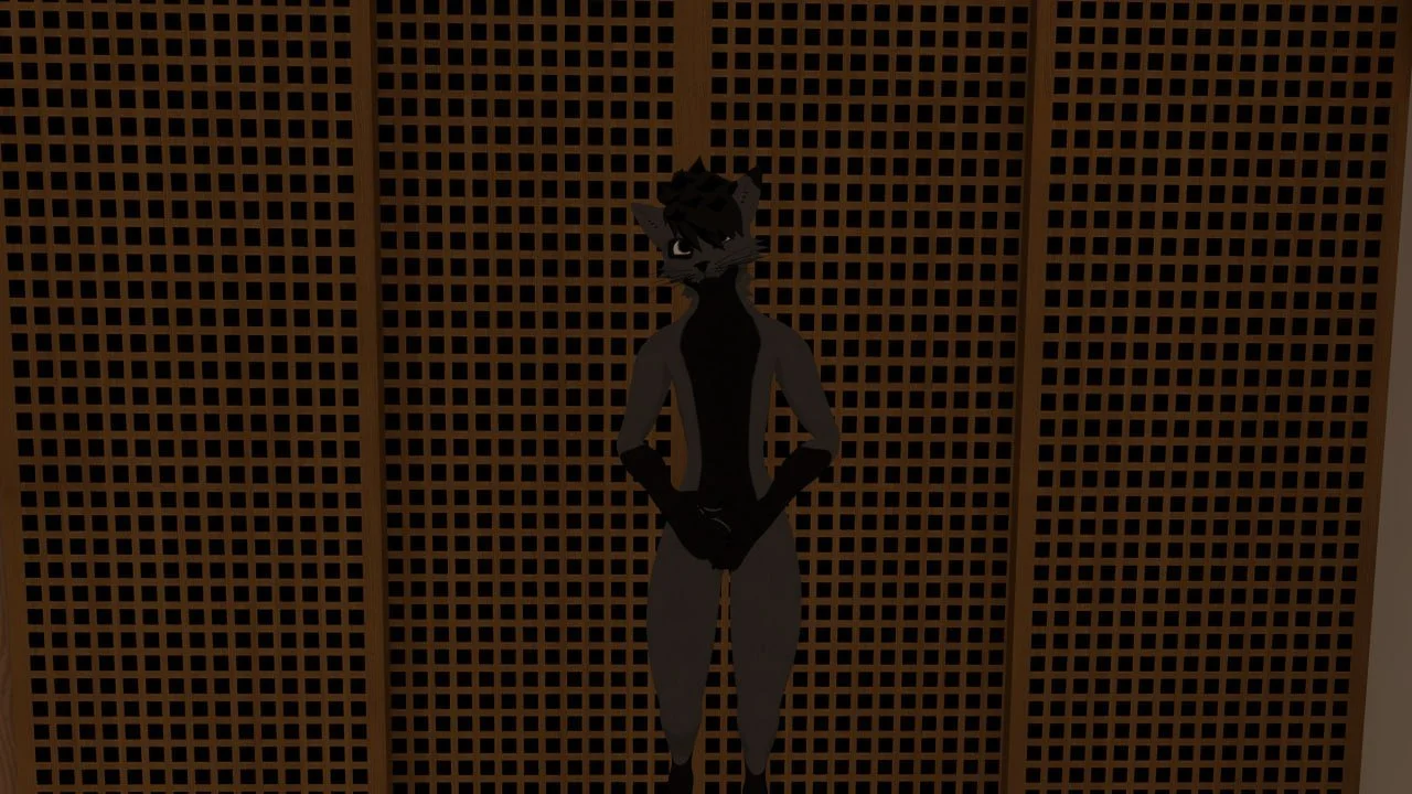 An anthropomorphic feline character with dark fur and hair standing in front of a wooden lattice background.