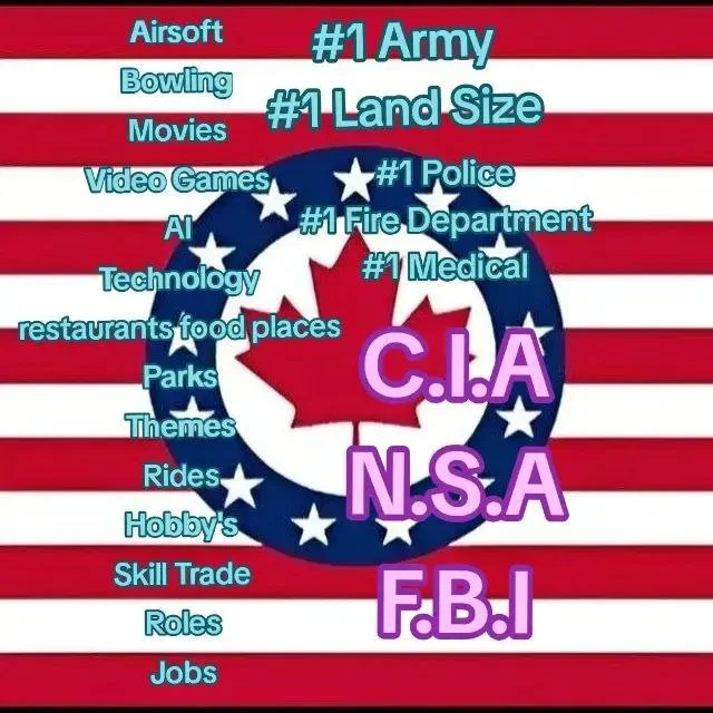 The image features the American flag with a peace symbol and stars in the background. Overlaid text lists various things associated with the United States, including "Airsoft," "Bowling," "Movies," "Video Games," "AI Technology," "restaurants food pl