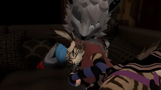 Animated characters from 'Five Nights at Freddy's' game, featuring a human-like figure with glasses and furry ears, lying on the floor with a large, robotic animal head in the background.