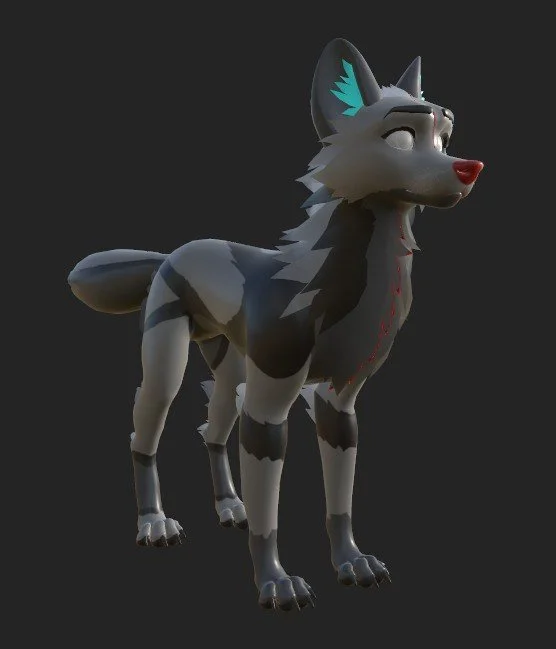 Cartoon-style gray and white wolf with blue accents on ears, standing against a dark background.