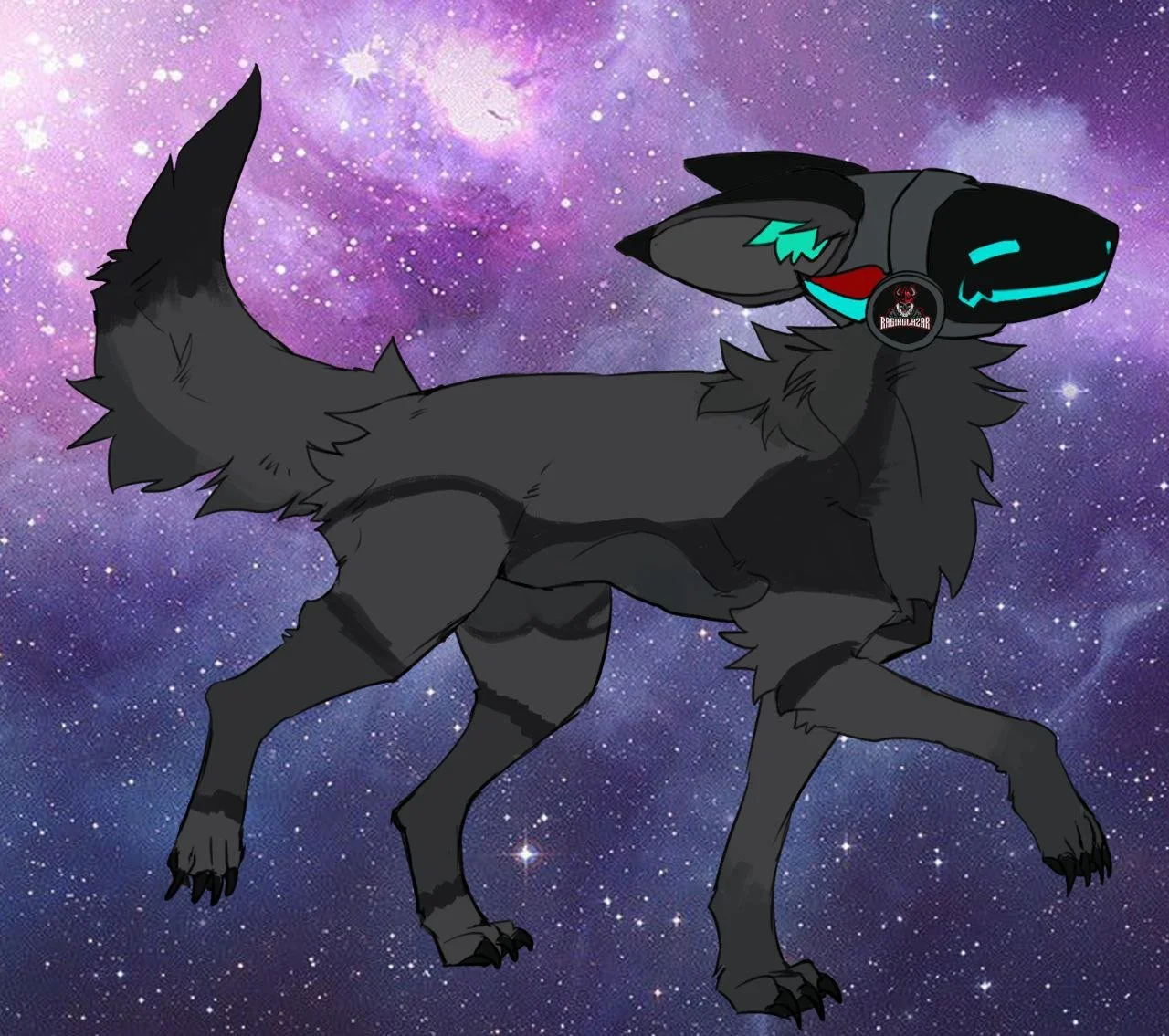 A digital illustration of a black wolf wearing a futuristic VR headset with neon blue accents, set against a colorful galaxy background.