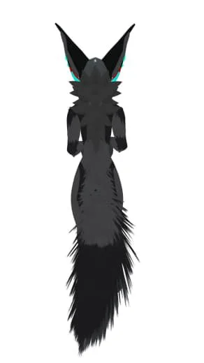A digital illustration of a black, furry creature with large ears and a long, bushy tail, viewed from behind.
