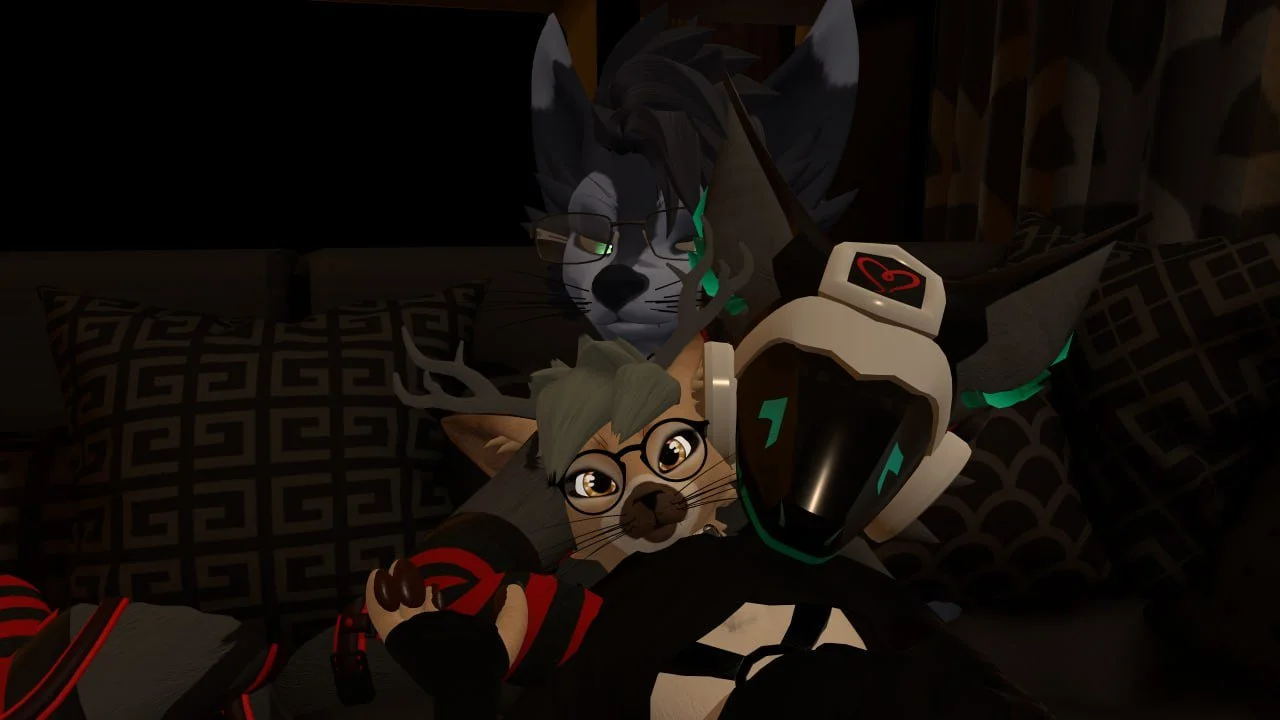 Three animated animals, a wolf, a deer, and a robotic dog, lying on pillows in a cozy, dimly lit room.