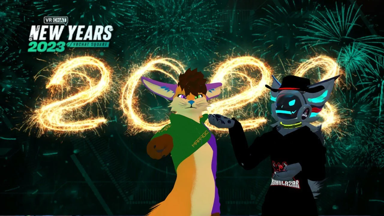 Anime-style digital illustration of two anthropomorphic characters celebrating New Year's 2023 with fireworks in the background. One character is a fox with orange and cream fur, wearing a green hoodie with yellow accents. The other is a robotic-look