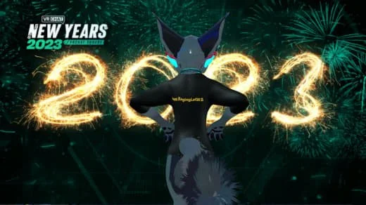 Anthropomorphic fox character facing fireworks and New Year's 2023 celebration signs.