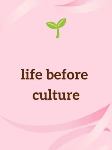 Pink background with a green sprout icon at the top and the words "life before culture" in brown text.
