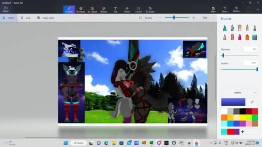 Digital image editing software interface showing a cartoon scene with two anthropomorphic characters, a wolf and a fox, hugging outdoors with trees and a blue sky in the background.