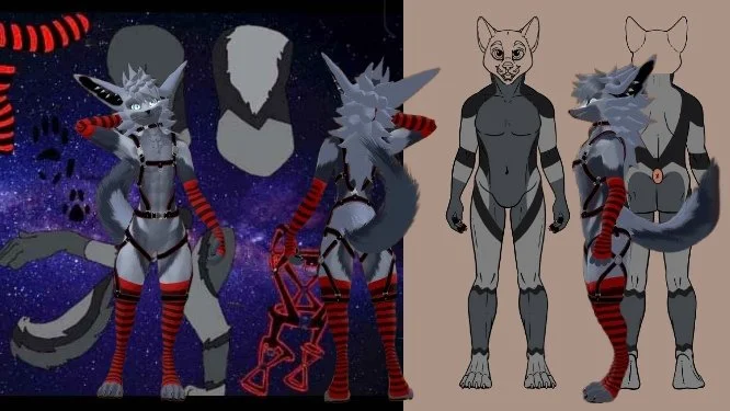 A collage featuring a fantasy wolf character in different poses and design styles, with a space-themed background and a simple line drawing of the character.