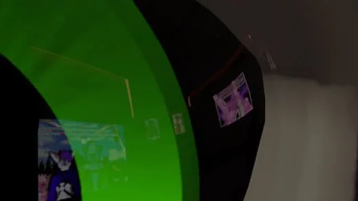 A circular mirror with a black frame reflecting a television screen.