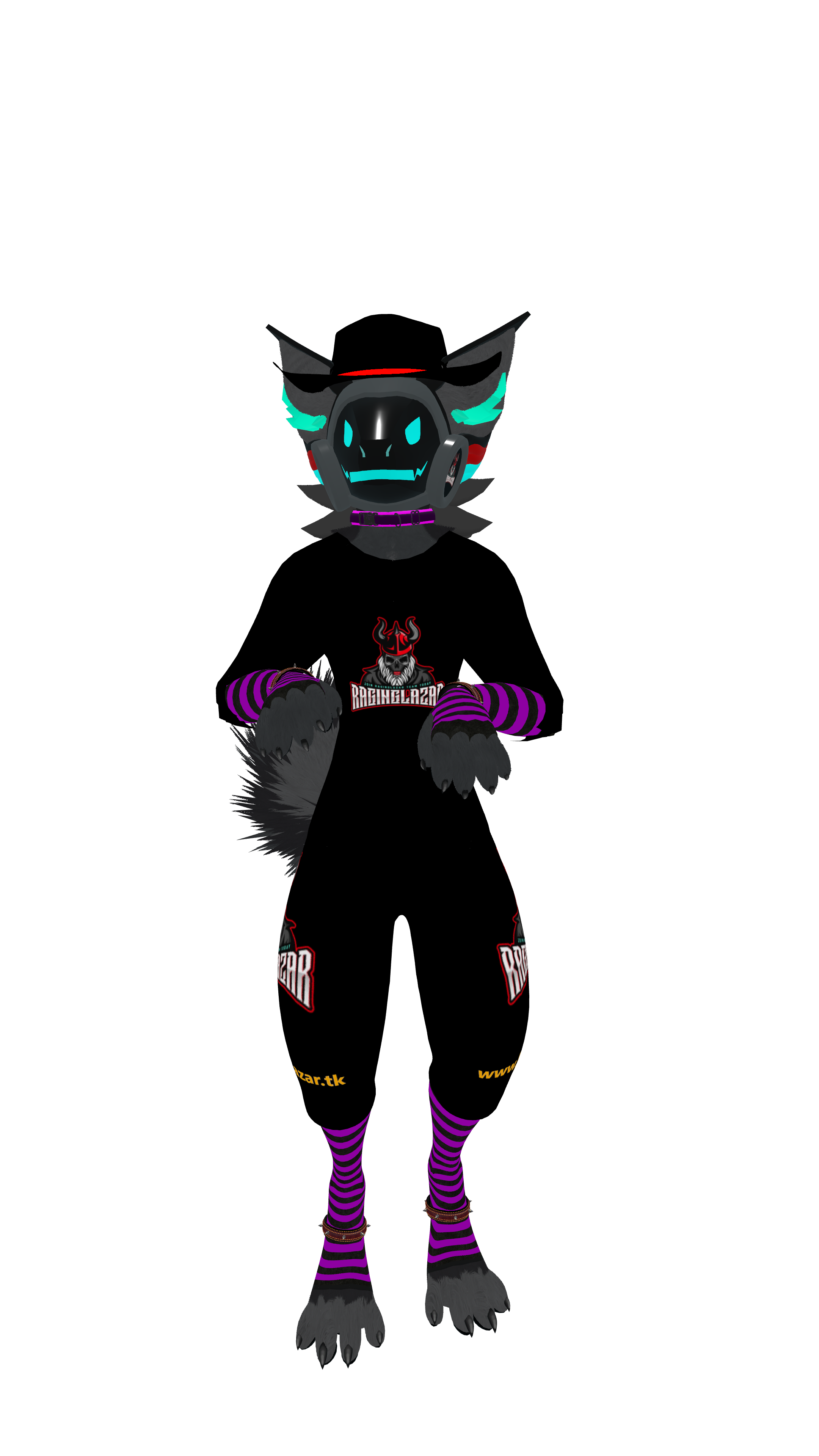 A humanoid wolf character wearing a black hoodie with purple and black striped sleeves, purple and black striped pants, purple and black striped socks with buckles, and digital face mask with cyan accents. The character also has a red and black logo 