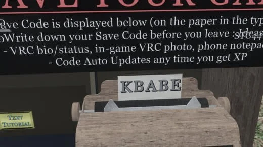 A wooden typewriter with two sheets of paper inserted, one with the text 'KBABE' visible at the top. The background includes instructions related to saving codes and auto-updates.