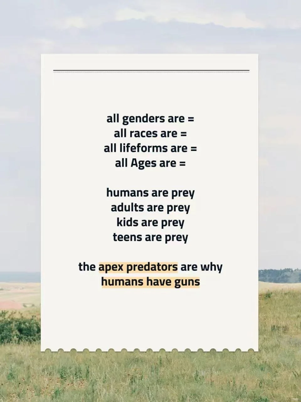 A typewritten message on a white piece of paper against a landscape background of blue sky and green fields. The message discusses identity, age, and human vulnerability, concluding with a statement about apex predators and guns.
