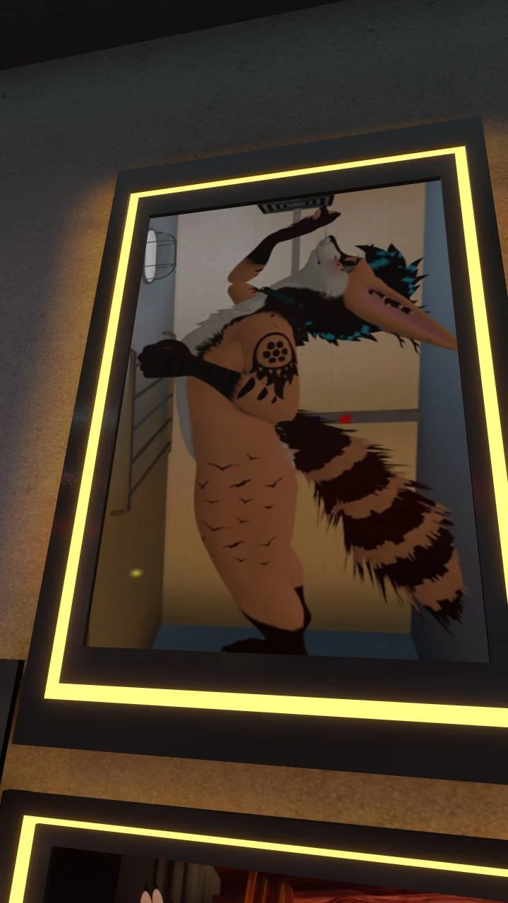 Illustration of a humanoid bird character with blue hair and feathers, wearing tattoos and accessories, standing in a room.
