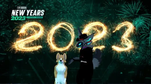 New Year's 2023 celebration with fireworks, the numbers 2023 in golden sparks, and two anthropomorphic cartoon characters in front of a dark background.