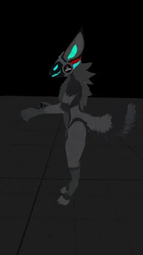 A digital illustration of an anthropomorphic fox character with glowing teal eyes and markings, standing on a dark surface against a black background.