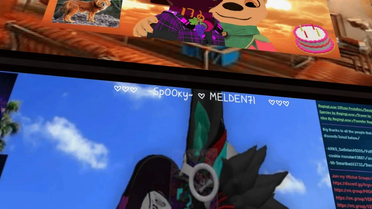 A digital screen displaying a blue sky with clouds and animated characters, along with user comments and text in the top part of the image.