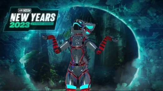 Cartoon rat in a virtual reality headset celebrating New Year's 2023 with digital fireworks and a virtual landscape background.