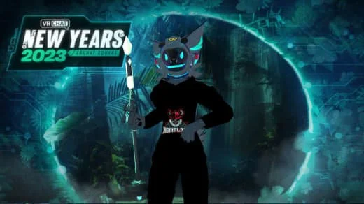 A character in a black outfit with a cat-like mask holding a spear, digital forest background, New Year's 2023 virtual event banner.