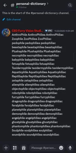 Screenshot of a chat channel named 'personal-dictionary' with a list of words and phrases, including scientific, medical, and everyday terms, and a timestamp of 11:29 AM.