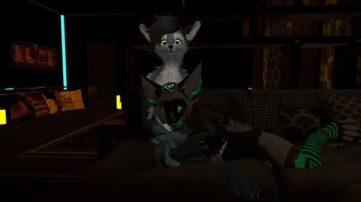 Virtual characters resembling animals on a couch in a dark room with electronic devices.