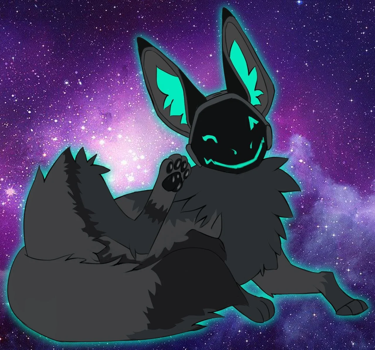 A cartoon black fox with glowing teal facial features, sitting against a vibrant galaxy background.