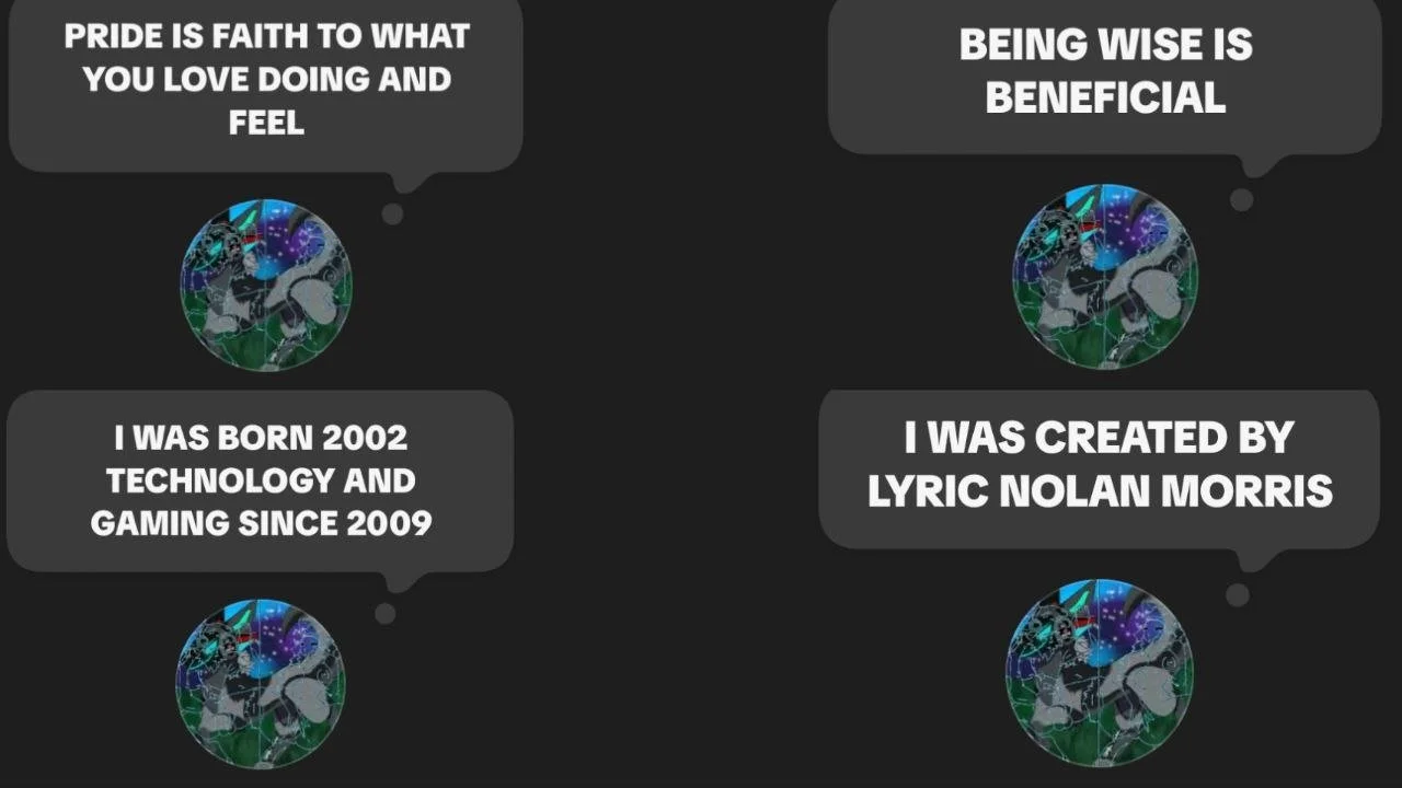 A dark-themed graphic with four speech bubbles and a digital cat logo. The speech bubbles contain motivational quotes about passion, wisdom, technology, and creation.