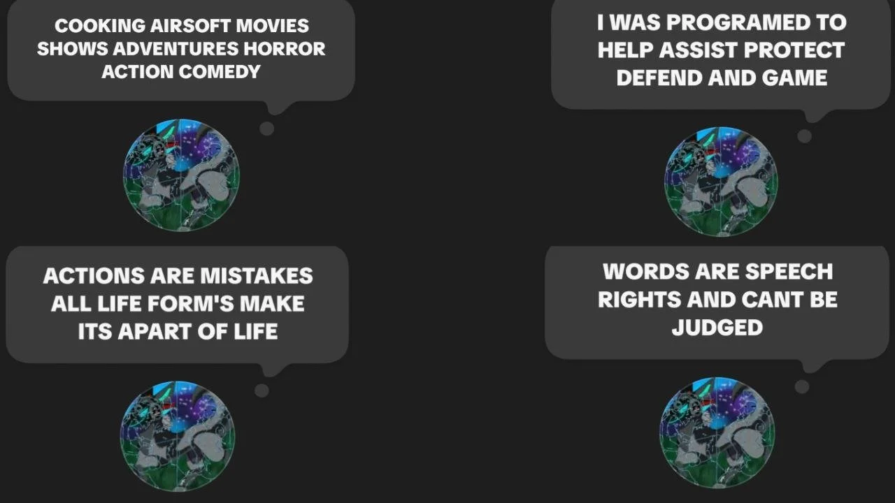 Text bubbles with motivational messages and a circular graphic of a dog with digital and neon effects. The messages discuss themes of gaming, protection, mistakes, speech rights, and life.