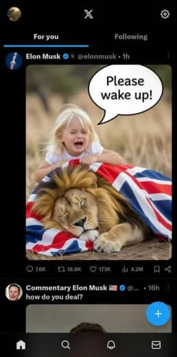 A young girl with blonde hair lying on the ground, crying and holding a British flag draped over a lion, with a speech bubble saying 'Please wake up!'
