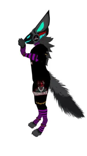 Anthropomorphic wolf character with blue eyes, black fur, and purple striped clothing, standing sideways and holding a paw to its face.