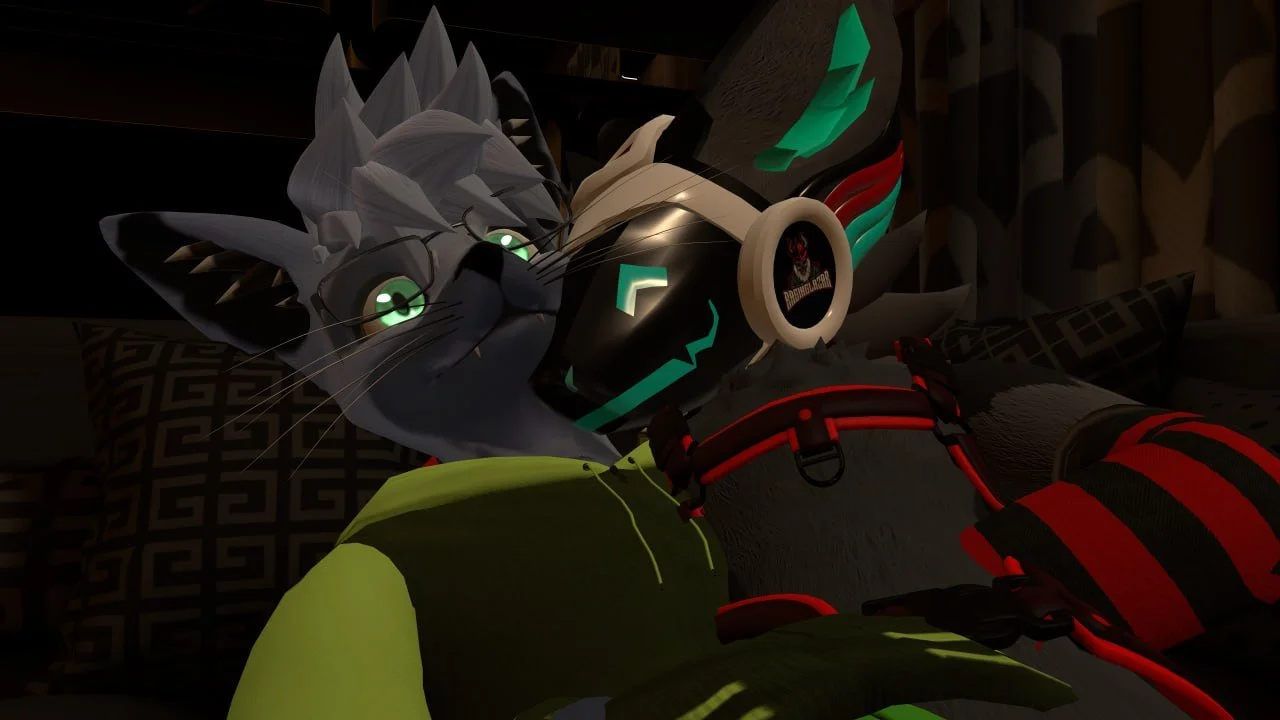 A digital illustration of a gray cat with green eyes wearing glasses, using a futuristic headset in a cozy room with pillows and curtains.