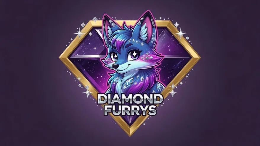 A colorful cartoon fox with blue and purple fur, decorated with diamonds, set against a sparkling starry background within a diamond-shaped gold border. The text 'Diamond Furrys' is below the fox.
