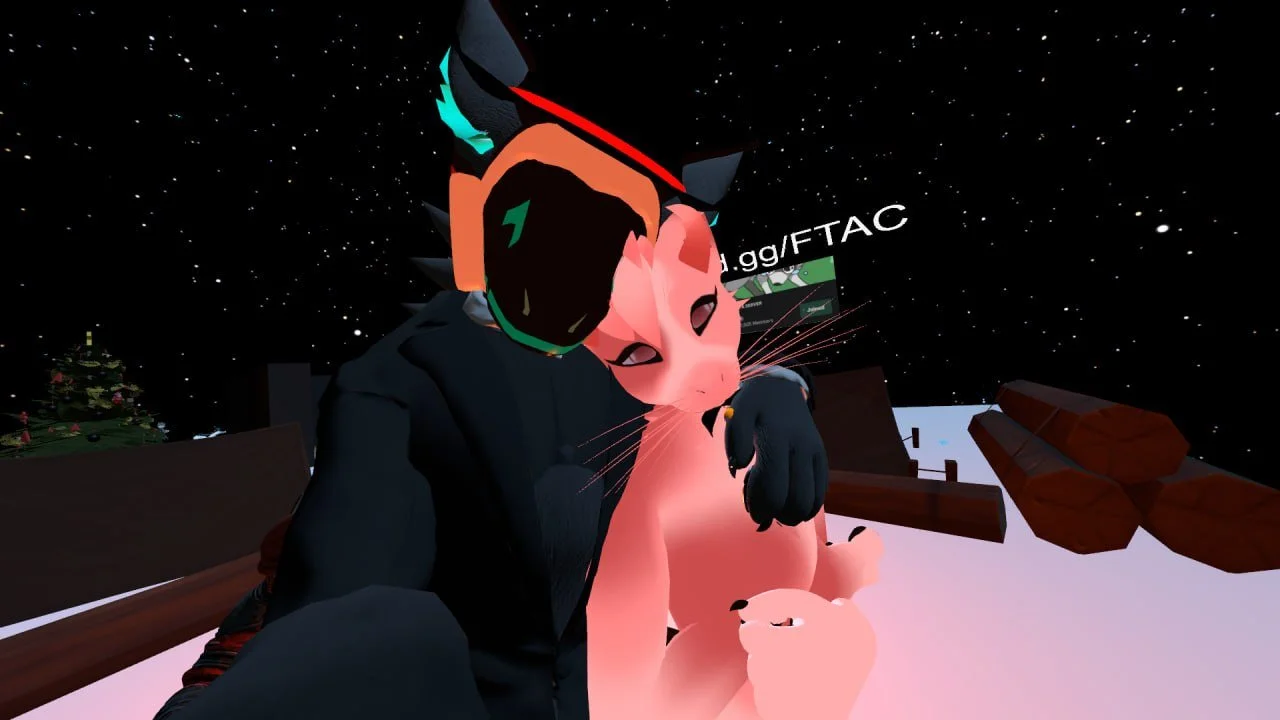 A virtual avatar wearing a dark hoodie and a mask with glowing green accents takes a selfie with a pink anthropomorphic cat character in a virtual reality environment with stars in the background.