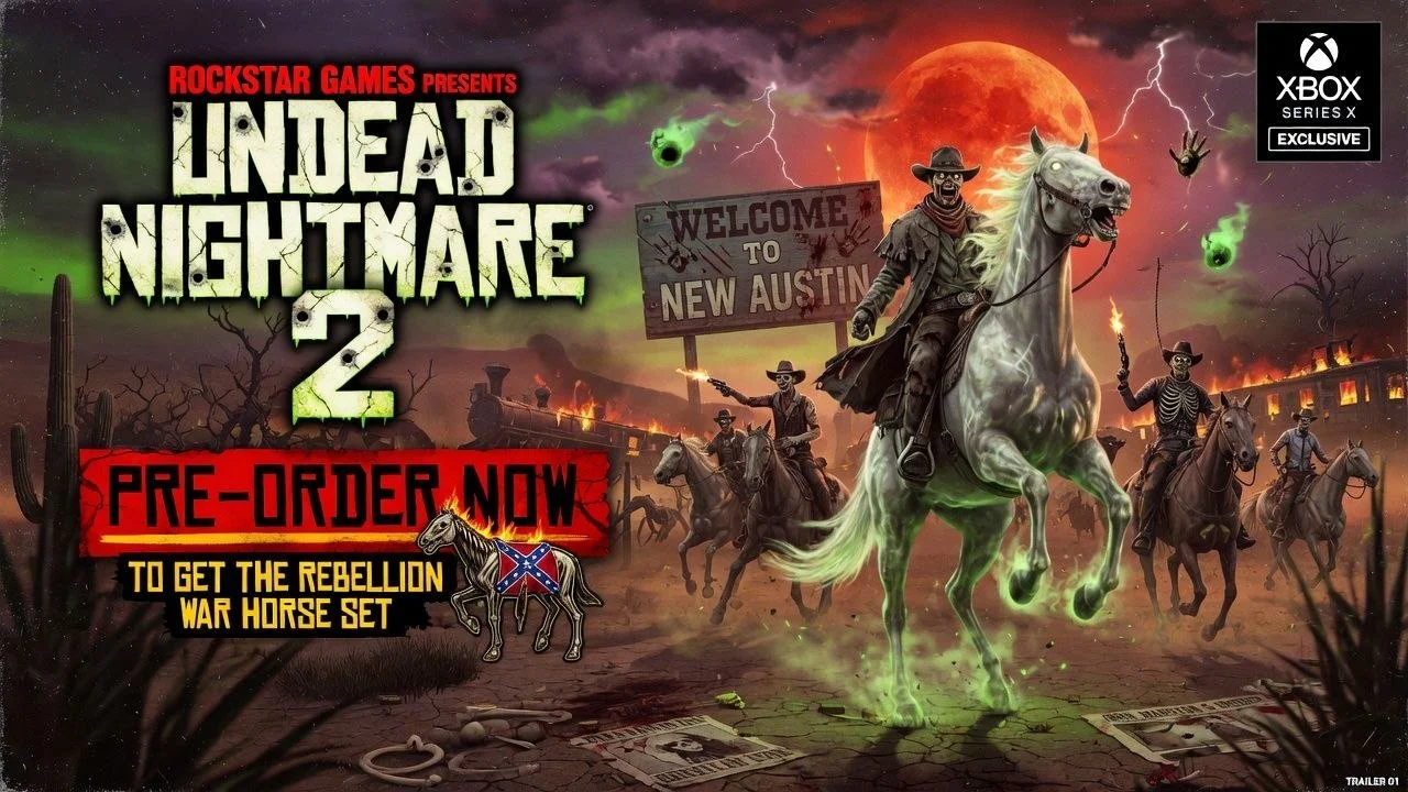 Video game cover art for 'Undead Nightmare 2' featuring skeleton cowboys riding glowing green horses in a haunted desert scene with a full moon, lightning, and a 'Welcome to New Austin' sign.