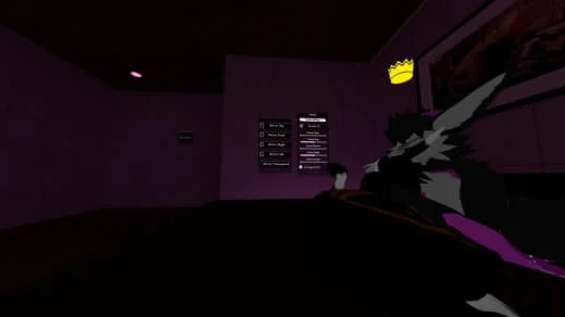 Dark interior room with purple walls, a digital display board, and a crown icon on the wall. The foreground shows a user holding a purple and black VR controller.