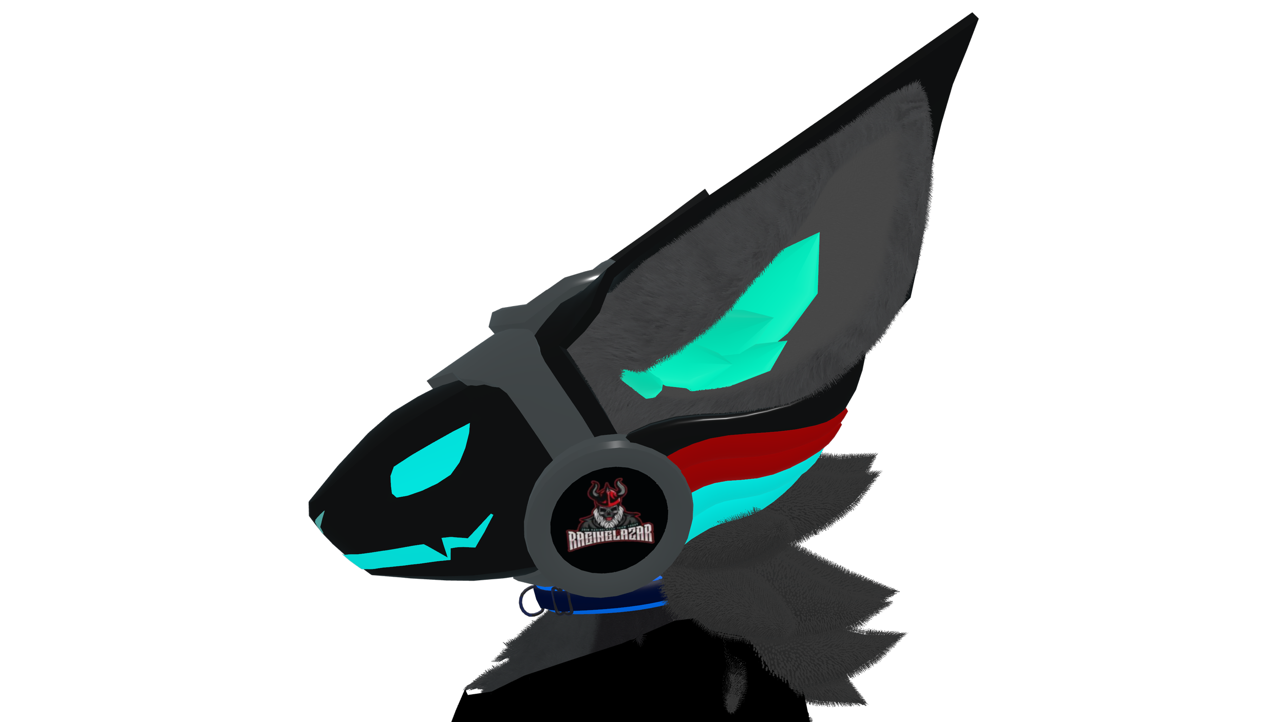 Gaming headset with glowing blue accents and a gaming logo, set against a black background.